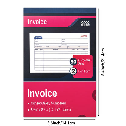 XKDOUS 10 Pack Invoice Book, 2-Part Carbonless, 5-9/16" x 8-7/16" Invoice Receipt Book for Small Business, 50 Sets per Book