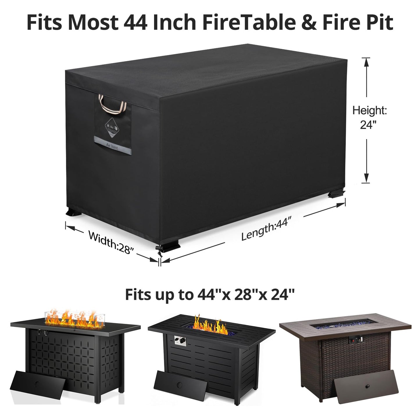 QH.HOME Fire Pit Cover Rectangular Super Waterproof 44" L x 28" W x 24" H, UPF 50+ Outdoor Fire Pit Table Cover 600D Strong Tear Resistant and Fading Resistant for Rectangular Fire Pit - Black