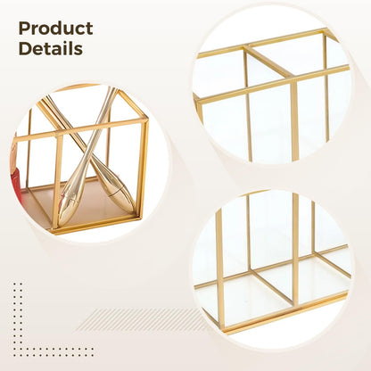 Toyosport Gold Pencil Holder, Gold Makeup Brush Holder, 4-Compartment Desktop Organizer, Transparent Glass Holder, Ideal for Makeup, Office, School Items Storage