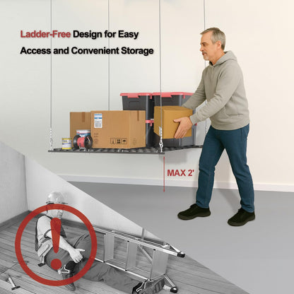 Overhead Garage Storage Rack for 10–12 FT Ceiling, Heavy-duty 4x4 FT Ceiling Storage Racks with Safety Lock, Ideal for Garage Storage Mounted Lift System and Storage Organizer, 250lbs Capacity