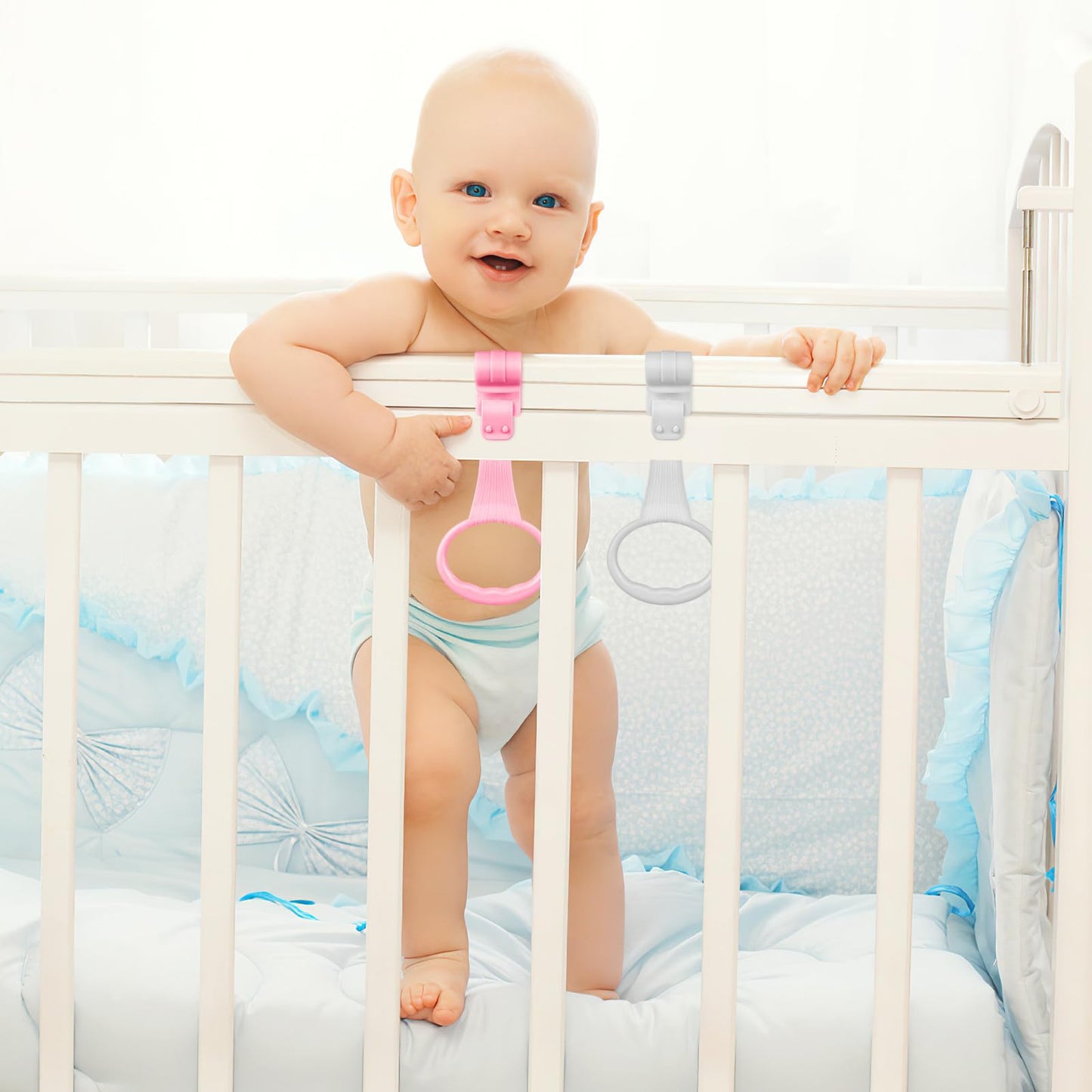 Baby Pull Up Rings for Playpen, Playpen Grippers and Assist Handles for Toddler Walking Training, Crib Standing Rings for Infant Playard, Nursery Accessories for Boy Girl, 4 Pcs