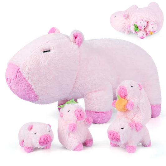 SuzziPals 5-in-1 Pink Capybara Plush with Babies Inside, 5Pcs Set Capybara Stuffed Animal with Mommy & 4 Babies, Cute Plush Pillow Decor, Cute 3 to 8 Year Old Girl Gift, Imaginative Toy (Capibara)