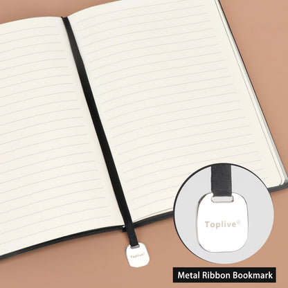 Toplive A5 Journal Notebook Soft Flexible Leather Cover, Premium Thick Lined and Blank Paper Double Layout 8.26" x 5.7" with Metal Bookmark, Black