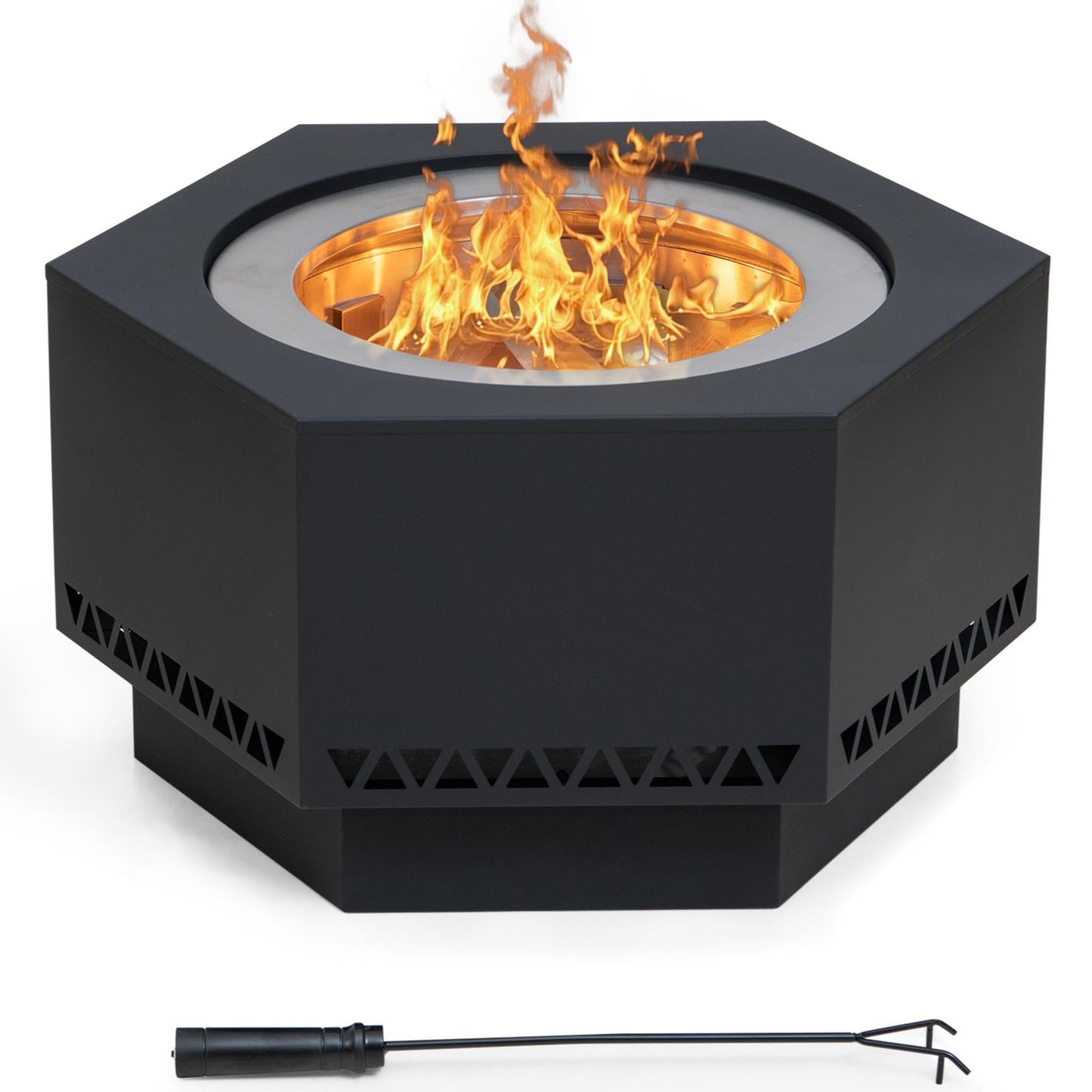 SUNJOY Smokeless Fire Pit 28-Inch Hexagonal Firepit for Patio and Outdoor, Stainless Steel Wood Burning Fireplace with PVC Cover and Fire Poker, Ideal for Camping, Bonfire, and Backyard, Black