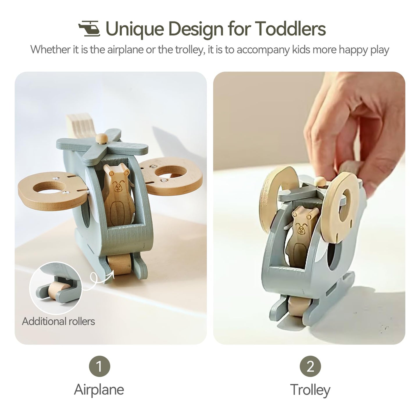EERKEOD Wooden Airplane for Toddlers - Air Transport Vehicles Play Set, Montessori Push Toy for Babies, Children Birthday Gift