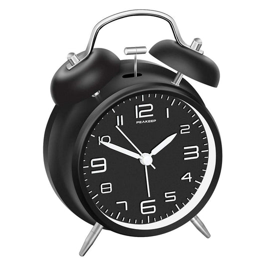 Peakeep 4 Inches Twin Bell Loud Alarm Clock for Heavy Sleepers, Backlight, Battery Operated Old Fashioned Alarm Clock for Bedrooms (3D-Dial, Black)