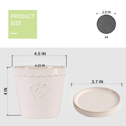 BABALIU 4.5 Inch Ceramic Planter Pots with Saucers, Cylinder Flower Pot with Drainage Holes for Indoor and Outdoor Plants, Succulent Orchid Little Snake Plants, Set of 4, White