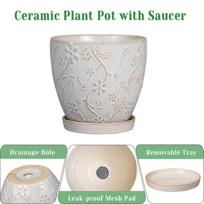 MPotTo 6 Inch Ceramic Plant Pot for Indoor Plants Outdoor Round Planter Flower Pot with Drainage Hole and Saucer for Home Garden Office Decor White