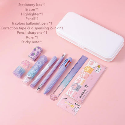 MOZXIRZ 9 Pcs Cute Purple Stationery Set for Girls Boys Kids Women Back to School Supplies Office Supplies Cartoon Cat Paw Stationery Set Aesthetic Kawaii Stationery Gift (Purple)