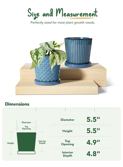 LE TAUCI Ceramic Pots for Plants, 5.5 Inch Plant Pots with Drainage Hole and Saucer, Indoor Plant Pots for Succulent, Snake Plants and Cactus, Flower Pots, Set of 2, Reactive Glaze Blue