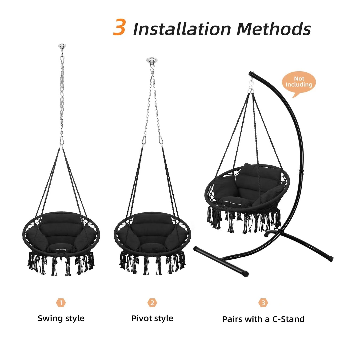 Goutime Hammock Chair with Hanging Hardware Kit and Back Cushions,Macrame Boho Swing Chairs for Indoor,Outdoor,Bedroom,Patio (Black)