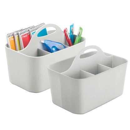 mDesign Plastic Small Office Storage Organizer Utility Tote Caddy with Handle for Cabinets, Desks, Workspaces - Holds Desktop Office Supplies, Pencils, Staplers Lumiere Collection, 2 Pack, Light Gray
