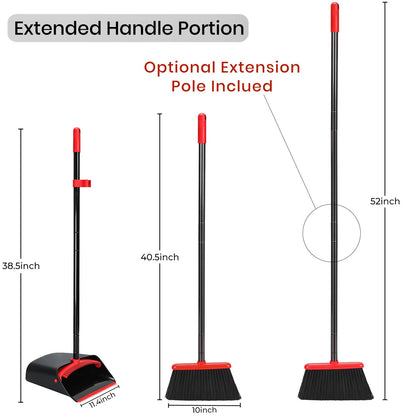 TreeLen Dust Pan and Broom/Dustpan Cleans Broom Combo with 52" Long Handle for Home Kitchen Room Office Lobby Floor Use Upright Stand Up Broom and Dustpan Set - Black/Red