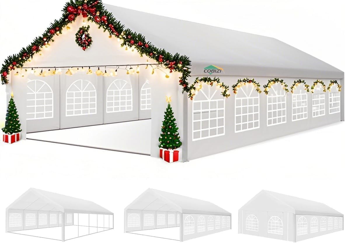 COBIZI 20x40FT Party Tent Heavy Duty Outdoor Gazebo with 12 Sidewall & 16 Church Windows, White Event Shelter Wedding Canopy Tent for Parties BBQ, Powder Coating (Better Than Galvanized)