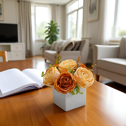 LADADA Artificial Roses in White Ceramic Vase, Faux Silk Flowers with Eucalyptus, Fake Floral Centerpiece for Home Wedding Party Table Decor