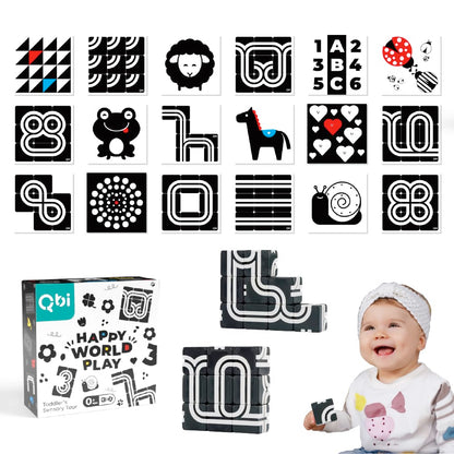 QBI Magnetic Baby Toys 0-6-12 Months | Black and White Baby Cards Newborn Toys High Contrast Flashcards & Magnetic Cubes | Visual Stimulation Montessori | Baby Essentials (9 Pieces)