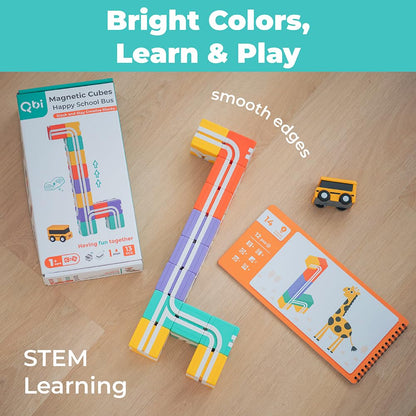 QBI STEM All-in-1 Toy Set with 5 Cars & 3D Tracks | Open Ended Educational Sensory Magnet Cubes | Montessori Toys, Magnetic Building Blocks for Boys & Girls (49 Pieces)