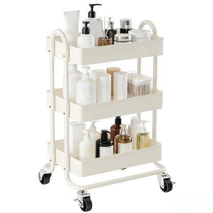SIMHOMSTOR 3 Tier Metal Rolling Cart, Utility Storage Cart Shelf Organizer with Wheels for Home & Office, Cream