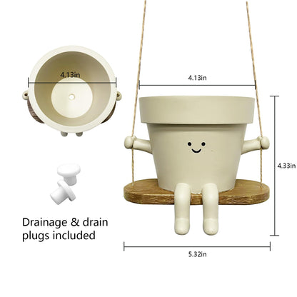 Hanging Planter Swing Face Plant Pot - Cute Resin Head Planters with Drainage Hole Indoor Outdoor Plant Holder, Succulent/String of Pearls Flower Pots, Unique Sitting Sway Pots, Gift Ideas for Mother