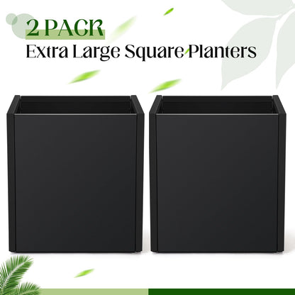 RimCereal 2 Pcs Extra Large Black Square Planter Box Outdoor 17" L x 17" W x 18" H Heavy Galvanized Steel Planters with Drainage Holes Divider for Patio Porch Tall Plants