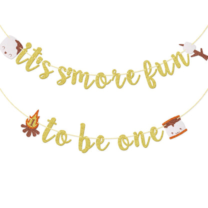 It’s S’more Fun to Be One Banner, Camping Themed 1st Birthday Banner, S'mores Birthday Decor for Baby Boy and Girl, One Happy Camper Decor