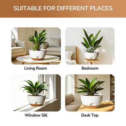 12 Inch Large Self Watering Pots, 2 Pack Plant Pots with Drainage Holes and Saucers, Self Watering Planter for Indoor Outdoor Garden Plants and Flowers (White)