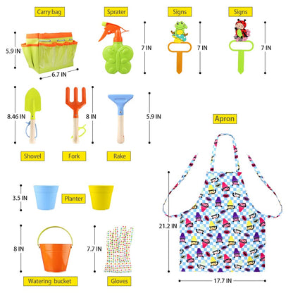 Kids Gardening Tools Kit Children Garden Toy Includes Tote Bag, Spade, Watering Bucket, Spray Bottle, Flower Pot, Apron, Rake, Plant Marker, Fork, Rake and Gloves
