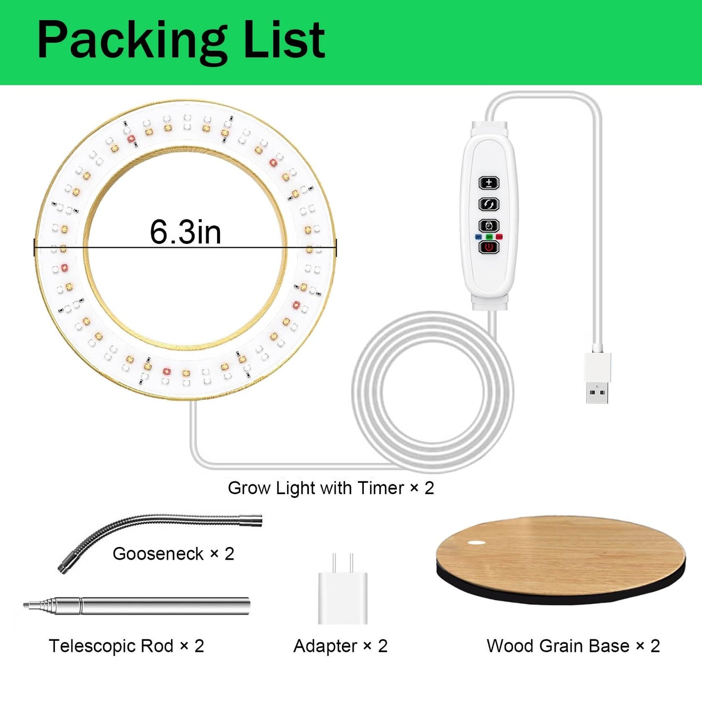 Grow Light for Indoor Plants Full Spectrum, Desk LED Plant Light with Faux Wood Grain, 12"-43" Height Adjustable, Auto On/Off Timer 3/9/12H, 3 Modes 10 Dimmable Levels for Succulents (2, Wood Grain)