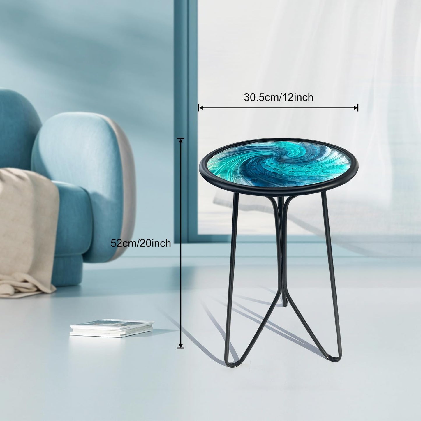 LIFFY Patio Side Table, Small Round End Table, Metal Side Table Outdoor, Small Porch Table for Indoor Balcony Furniture Decor (Blue Glass 12inch)