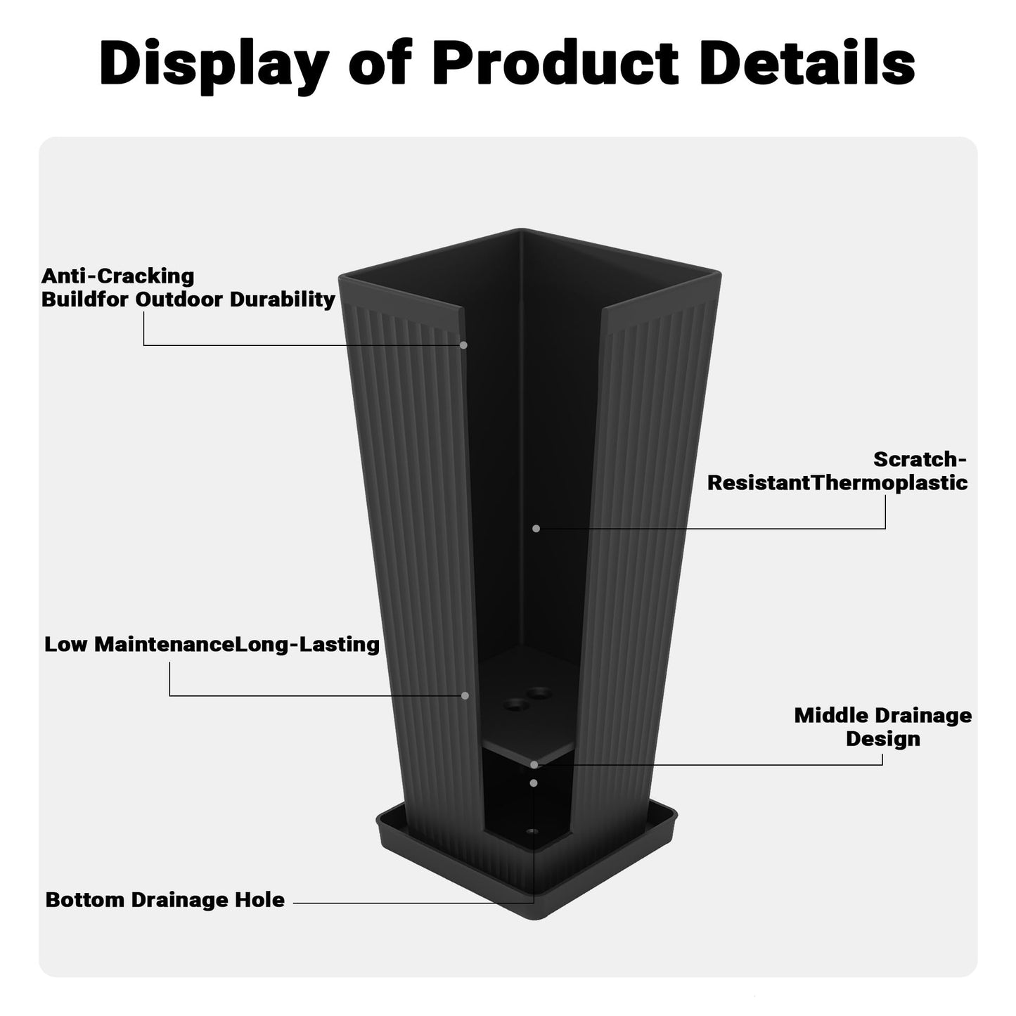 seethmi Tall Planters for Outdoor Plants Set of 2, 23.6" Large Taper Flower Plant Pots with Drainage Hole and Drainage Trays, Weather-Resistant Plastic planters for Patio, Porch, Garden, Black