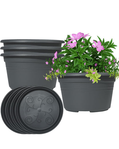VIDELLY 10 Inch Gray Flower Pots 4-Pack, Plastic Planters with Drainage Hole & Tray, Indoor Outdoor Plant Pots for House Plants, Garden, Patio, Office Home Decor – Modern Decorative Plant Containers