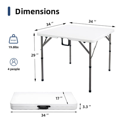Byliable 34" Square Folding Card Table, Fold-in-Half Utility Dining Portable Table Heavy Duty HDPE White Plastic Foldable with Carrying Handle Indoor Outdoor for Picnic, Camping, Party