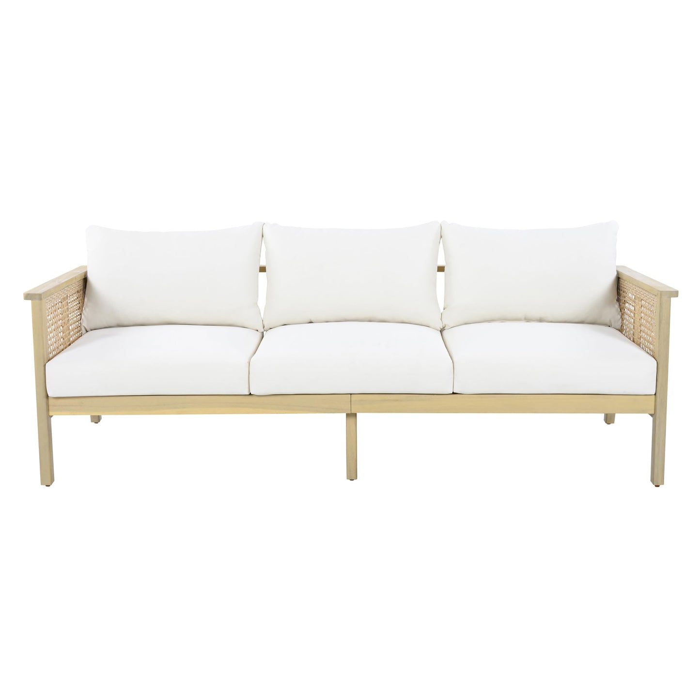 Christopher Knight Home Teras Acacia Wood Outdoor 3 Seater Sofa with PE Wicker Armrest, Solid Wood Patio Sofa with Removable Cushion, Comfy Lounge Sofa for Patio Furniture Set, Light Teak+Beige