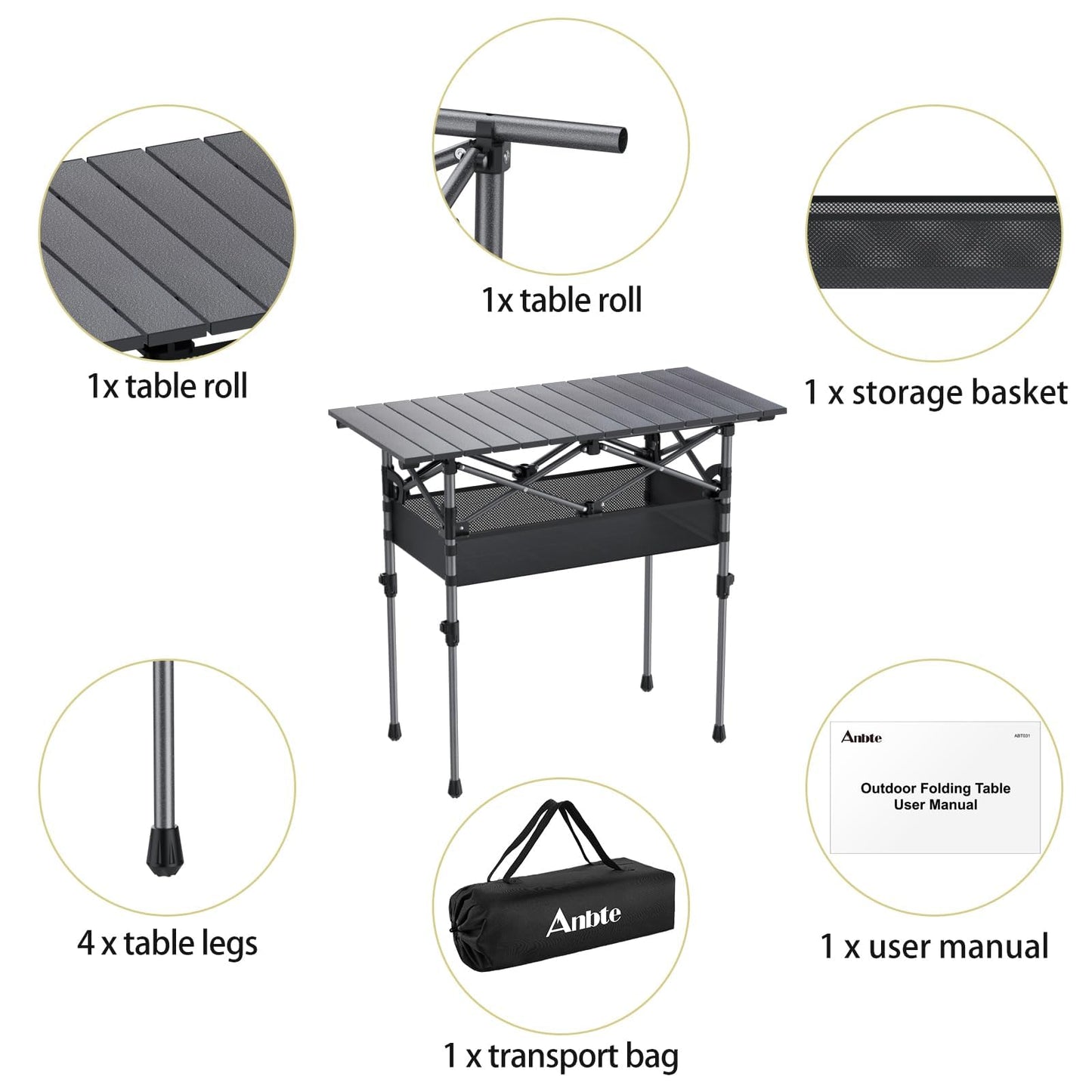 Anbte 3ft Aluminum Roll Top Camping Table, 2 Adjustable Height Camping Table Folding with Storage Net & Bag Lightweight Roll Up Table for Tailgate Outdoor Backyard BBQ Patio Picnic, 32.2” X 16”, Black