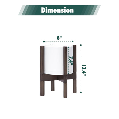 D'vine Dev Planter Pot with Stand - 8 Inch Plastic Cylinder Flower Pot with Wood Planter Holder for Indoor, Matte White Pot + Walnut Color Stand, 55-C-I-1