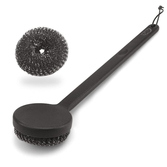 18" Long Handle Grill Brush with Replaceable Head - Safe Bristle Free Stainless Steel BBQ Cleaner with Heavy Duty Scrubber Pad, Grill Accessories Steel Wool Scrubbers for Porcelain Gas Charcoal Grill