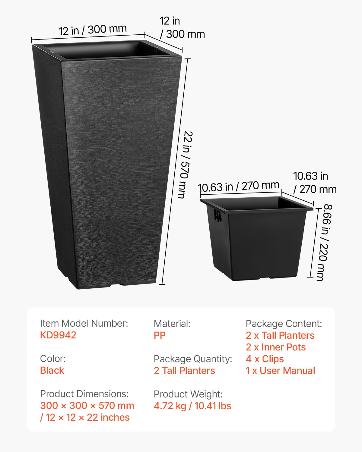 VEVOR Set of 2 Tall Outdoor Planters 22inch, Large Planters for Outdoor Indoor Plants, Black Front Porch Planter Flower Tree Plant Pots with Modern Design and Built-in Drainage