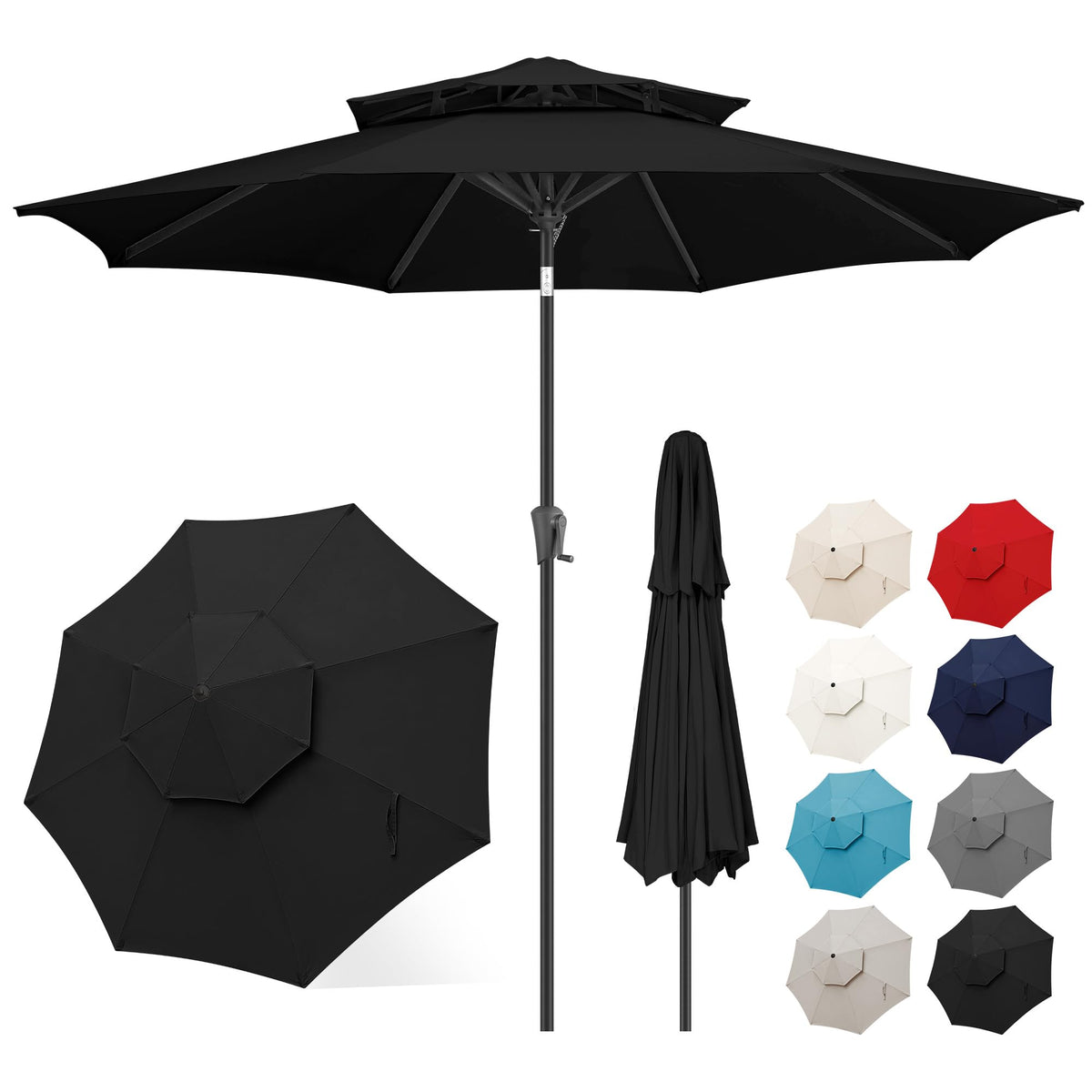FLAME&SHADE 9ft Patio Umbrella - 2 Tiers Outdoor Umbrella with Push Button Tilt and Crank for UV Protection, Table Market Umbrella for Garden, Deck, Backyard, Pool and Beach(Black)