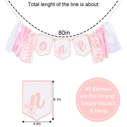 Bow One High Chair Banner - Sweet 1st Birthday Decorations, Pink Princess Party Photo Backdrop, Girls Smash Cake Highchair Banner, First Birthday Fabric Garland
