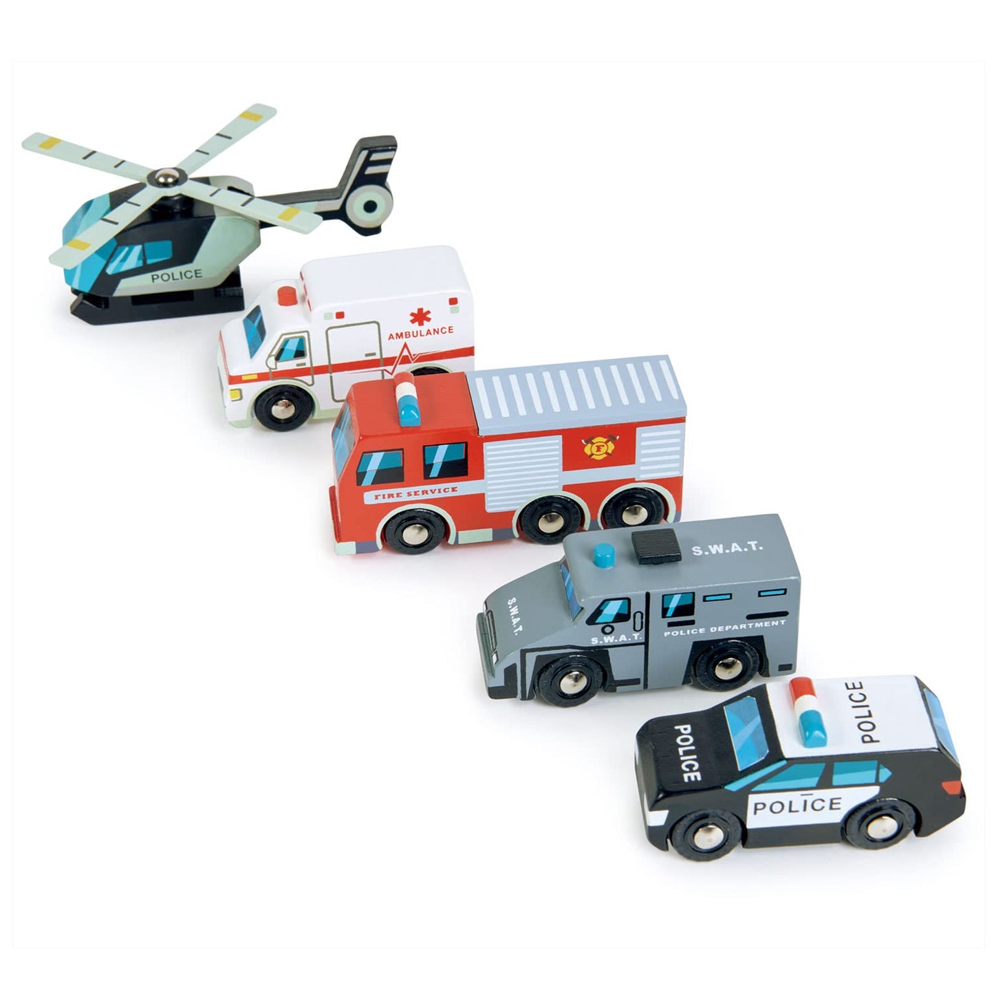 Tender Leaf Toys - Emergency Vehicles - 5 Wooden Rescue Vehicles with Moving Parts for Toddler Boys and Girls - Great Gift for Car Lovers - Educational Pretend Play Vehicles - Age 3+