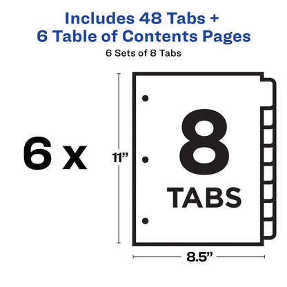 Avery 8 Tab Dividers for 3 Ring Binders, Customizable Table of Contents, Multicolor Tabs, 6 Sets (11186)
