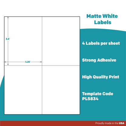 Premium Label Supply White Sticker Shipping Labels – 4.25" x 5.5" – Laser/Inkjet Compatible – (4 per Sheet), 25 Sheets – 100 Total Adhesive Labels