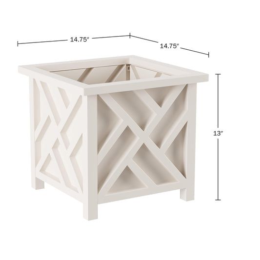 Lattice Design Outdoor Planter Box - 14.75” Square 13” Tall White Plant Pot - Decorative Plant Pots for Front Porch Decor - Flower Pots Outdoor Planters for Porch Patio or Garden Decor by Pure Garden