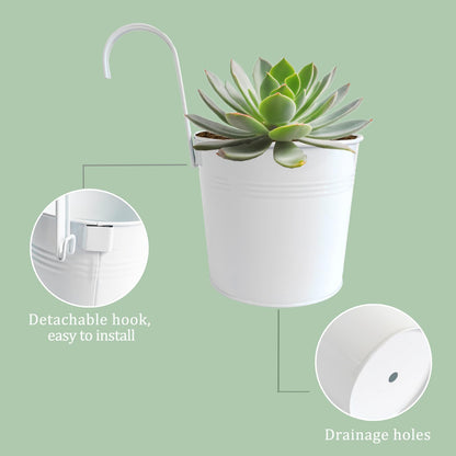 Joyfernal 6 Pack Hanging Flower Pots, 6" White Metal Balcony Planters for Herb Succulent, Samll Railing Fence Hanging Bucket for Outdoor/Indoor Decoration (White, Pack of 6)
