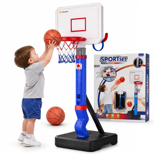 BRAGZO Toddler Basketball Hoop with Ring Toss Game, 2-in-1 Adjustable (2.5–5.5 Ft) Indoor & Outdoor Kids Basketball Set with Mini Balls, Rings, Pump & Stable Base Sports Toy for Boy & Girl Age 1-5