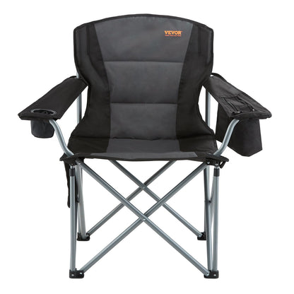 VEVOR Oversized Camping Folding Chair, Portable Heavy Duty Outdoor Quad Lumbar Back Padded with Side Pockets, Cup Holder and Cooler Bag for Beach, Lawn, Picnic, Fishing, Backpacking, Black