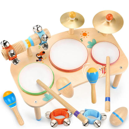 WINGYZ 11-in-1 Toddler Drum Set-Wooden Baby Musical Instruments & Montessori Musical Toys for Toddlers 1-3, Music Table with Bongo Drums, Cymbals, Maracas & Wrist Bells for Early Rhythm Play