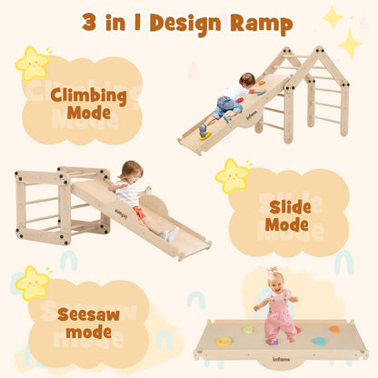 INFANS 12 in 1 Climbing Toys for Toddlers, Upgrade Wooden Montessori Foldable Triangle Climber Set with Reversible Ramp Slide Ladder Seesaw, Indoor Pikler Climb Activity Jungle for Kids Age 3+