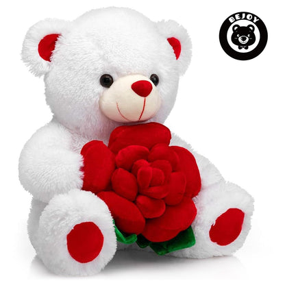 BEJOY Teddy Bear Stuffed Animals Plush Bear Holding Rose Soft Plush Toy Gifts 16 inches White