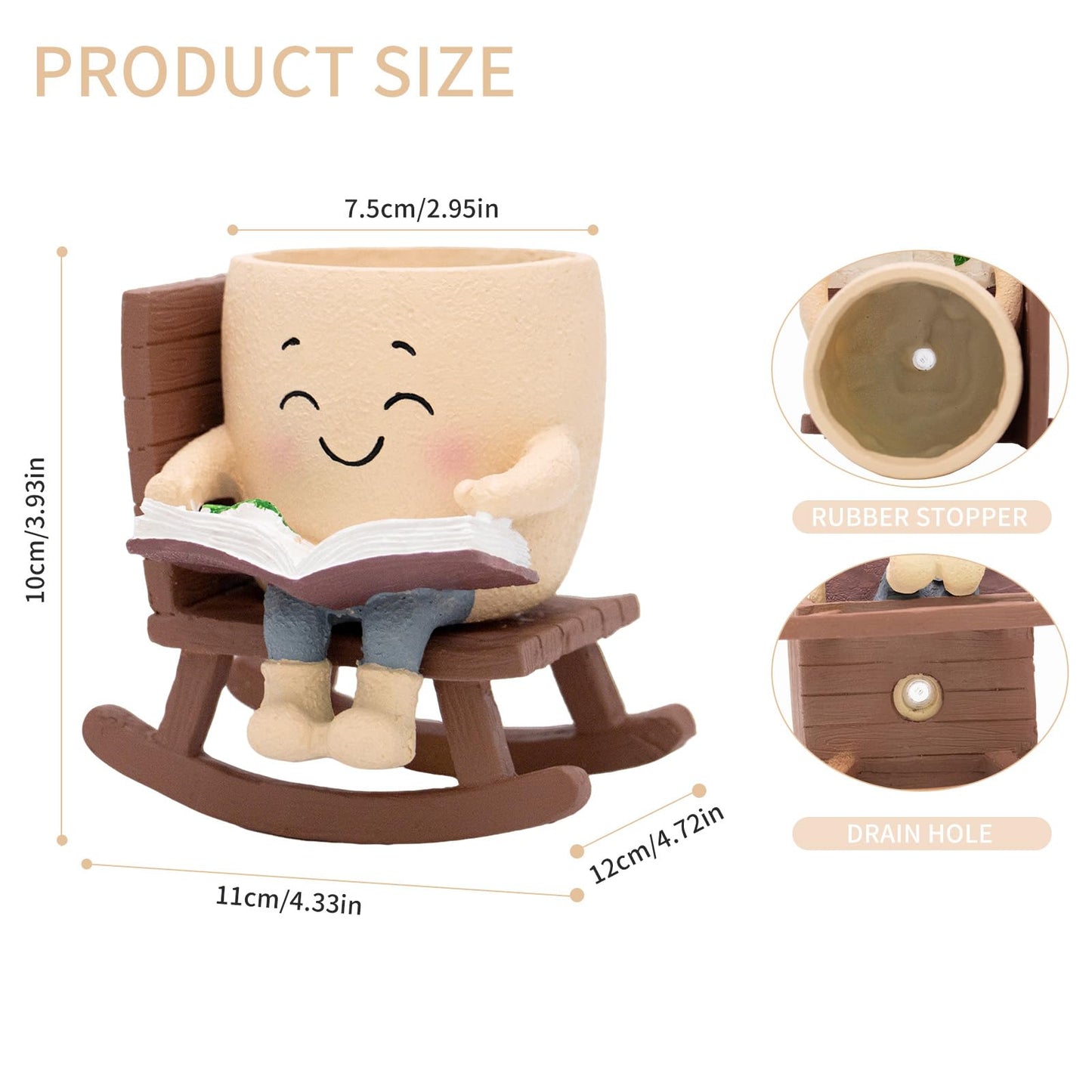 Toparad Smily Face Rocking Chair Reading Book Planter Pots with Drainage Hole, Cute Resin Flower Head Succulent Planters for Indoor Plants, Gift IdeaI for Mother Birthday Christmas